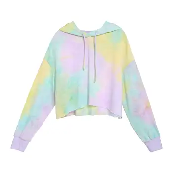 

Autumn Winter Tie-Dyed Print Short Hoodies Casual Women Long Sleeve Hooded Sweatshirts Female Pullover Loose Top