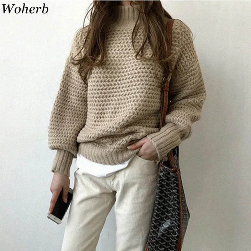 

Woherb Vintage Korean Knitwear Winter Pullovers Sweaters Women Autumn Turtleneck Loose Chic Jumper Female Oversized Sweater Tops