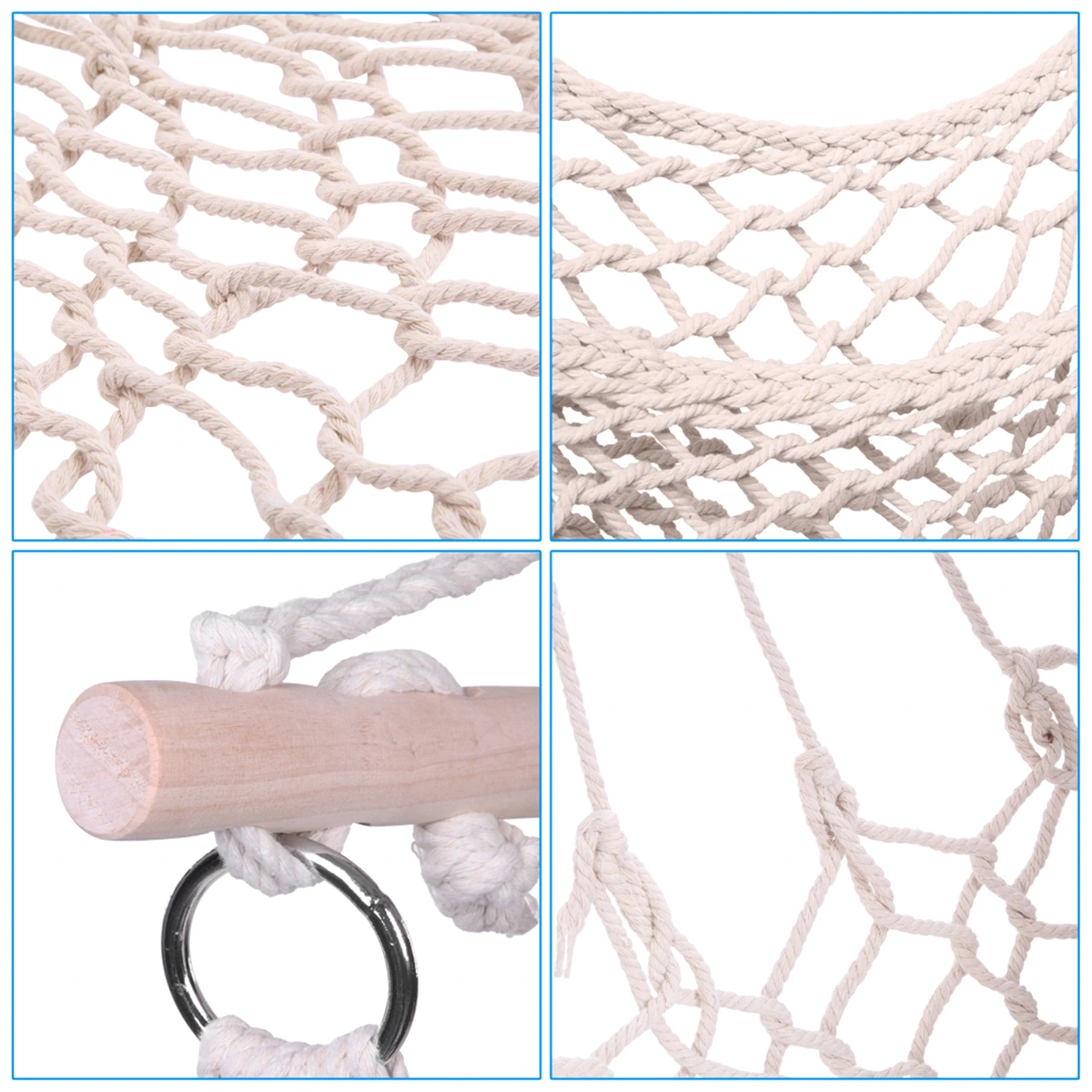 Cotton Rope Net Hammock Chair Set with Wooden Stick Beige Bohemia Style Hanging Hook Safety Bedroom Garden Tree Hanging Seats