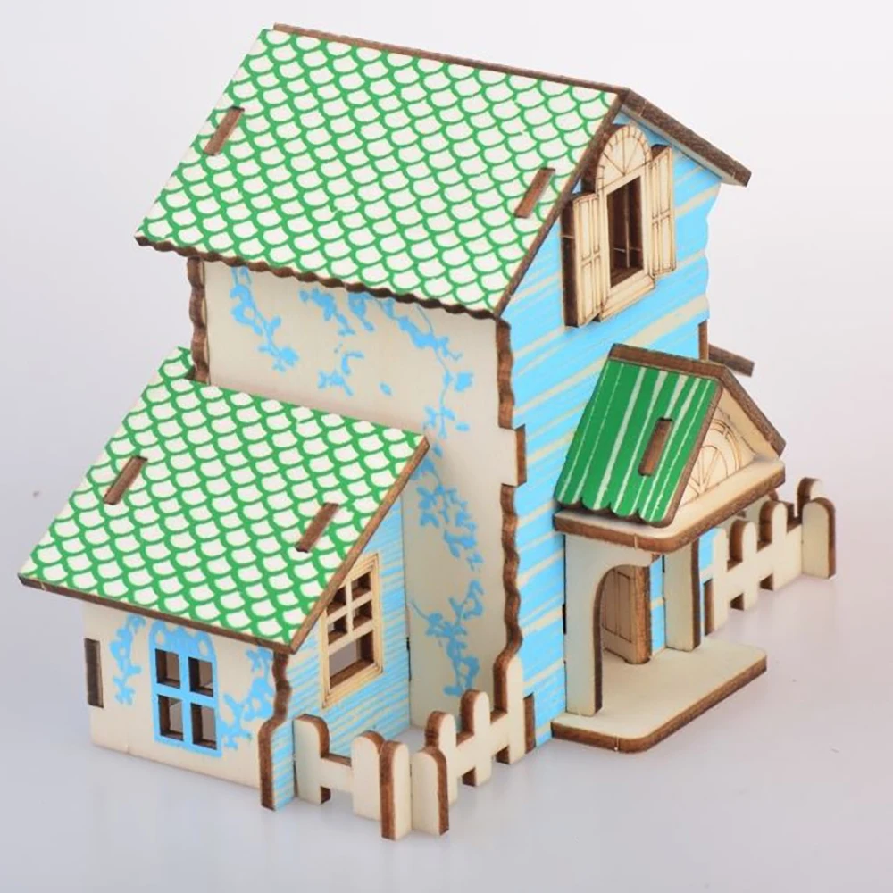 

Lychee Life 3D Wooden Puzzle Model Green Blue Cabin Model DIY Children Wood Craft Kits Home Desk Decoration