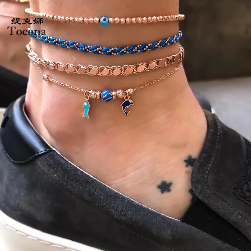 Tocona 4pcs/sets Summer Fish Dolphin Beaded Anklets for Women Gold Foot Chain Blue Rope Geometry Summer Jewelry Wholesale 8468 Tocona 4pcs/sets Summer Fish Dolphin Beaded Anklets for Women Gold Foot Chain Blue Rope Geometry Summer Jewelry Wholesale 8468