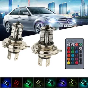 

2 Pcs Multi-color ( RGB ) H4 5050 LED 27 SMD RGB Car Headlight Fog Light Lamp Bulb with Remote Control+24keys Remote Controller