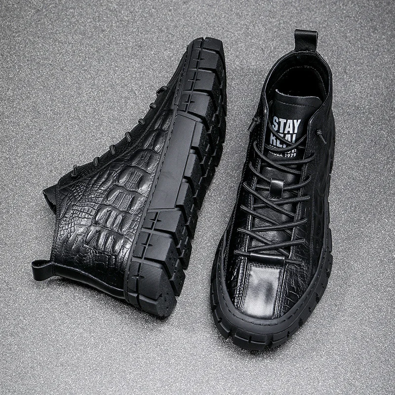 Men Leather Casual Shoes Crocodile Print Men High Tops Spring Autumn Flat Shoes Cool Leisure Sneakers Loafers