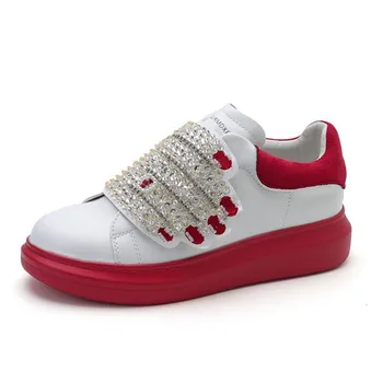 

New Genuine Leather Shoes Women Flat Sneakers Round Toe Lace up Platform Shoes Woman Rhinestone Velcro Casual Shoes Big Size 40