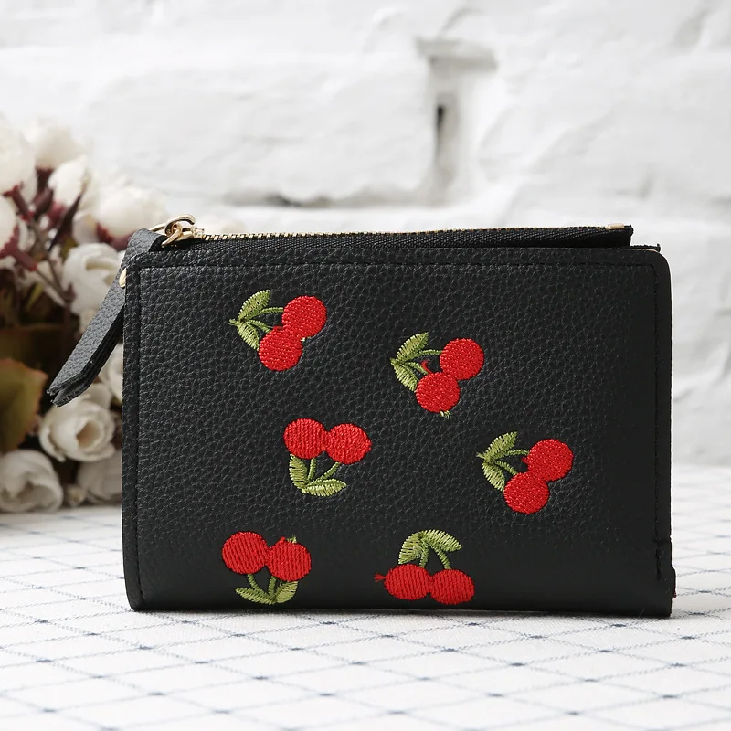 Cherry Embroidered Small Wallet PU Credit Card Small Purse Bi-Fold Zipper Women Wallet Portable,Money,Cash White-Collar Workers,For Female College