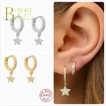 Настоящие 925 серебряные серьги для женщин Золотая звезда кулон серьги на подарок девочке маленький обруч циркониевые серьги женские Стразы aretes B5