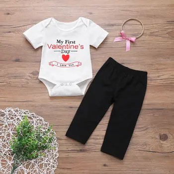

Pudcoco Newborn Baby Girl Clothes Valentine's Day Print Romper Tops Solid Color Long Pants Headband 3Pcs Outfits Cotton Clothes
