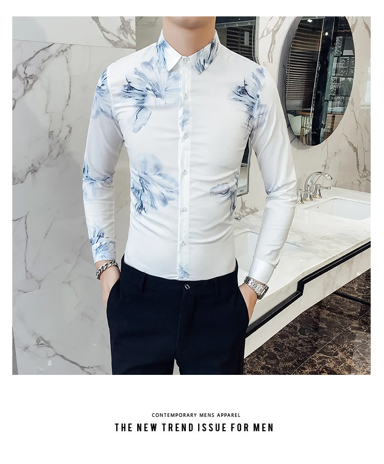 Camisa, мужская рубашка с длинным рукавом и цветочным принтом, городская одежда для мужчин, Клубные, вечерние, свадебные рубашки для мужчин
