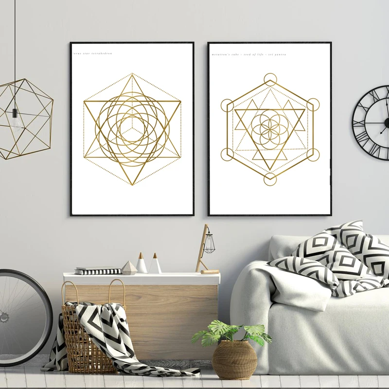 Gold Crystal Healing Grid Patterns Prints Living Room Decoration