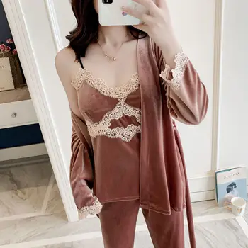

Intimate Lingerie Full Sleeve Nightwear 3pcs Pajamas Set Velour Solid Colour Sleepwear Lace Sexy Sleep Suit Women Bathrobe