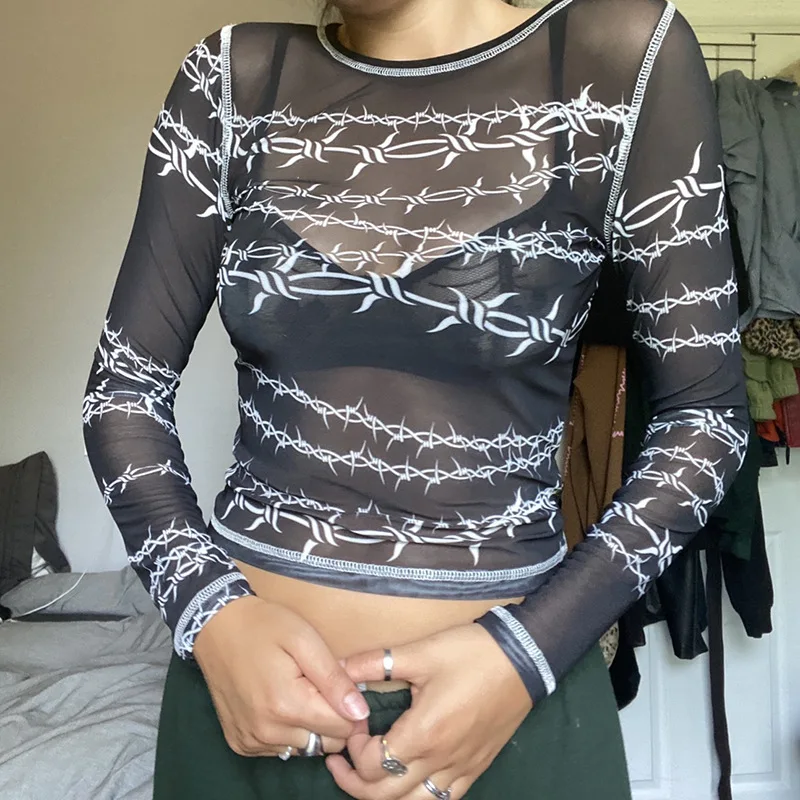 

European and American Hot Women's 2021 Street Box Thorn Print Perspective Net Dress Female Spring and Autumn