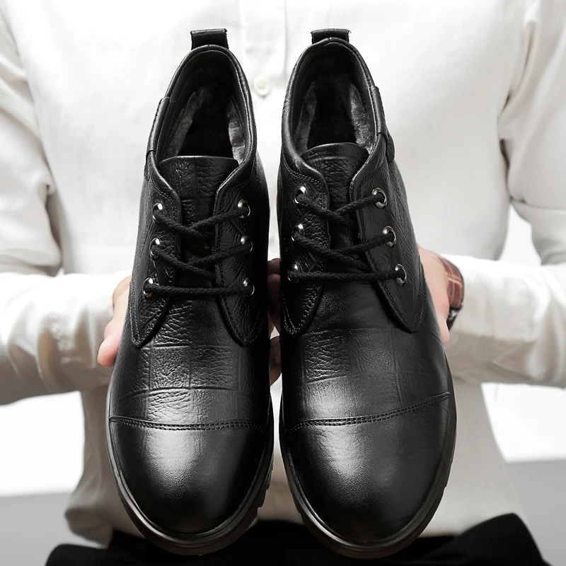 Мужская прогулочная обувь из натуральной кожи; зимние теплые ботинки; мужские зимние ботинки до щиколотки с толстым мехом; деловые кожаные ботинки