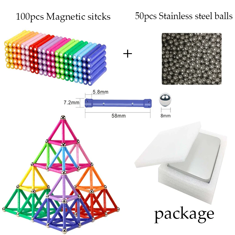 

150Pcs Magnetic Building Blocks construct toys for Children Magnetic Sticks&Silver balls DIY 3D Puzzle Office Game for Adults