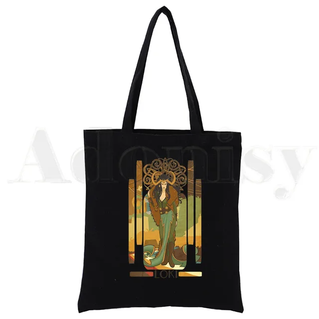 Super Hero LOKI Funny God of Mischief Reusable Shopping Bag Canvas Tote Bags Printing Eco Bag Shopper Shoulder Bags Black D