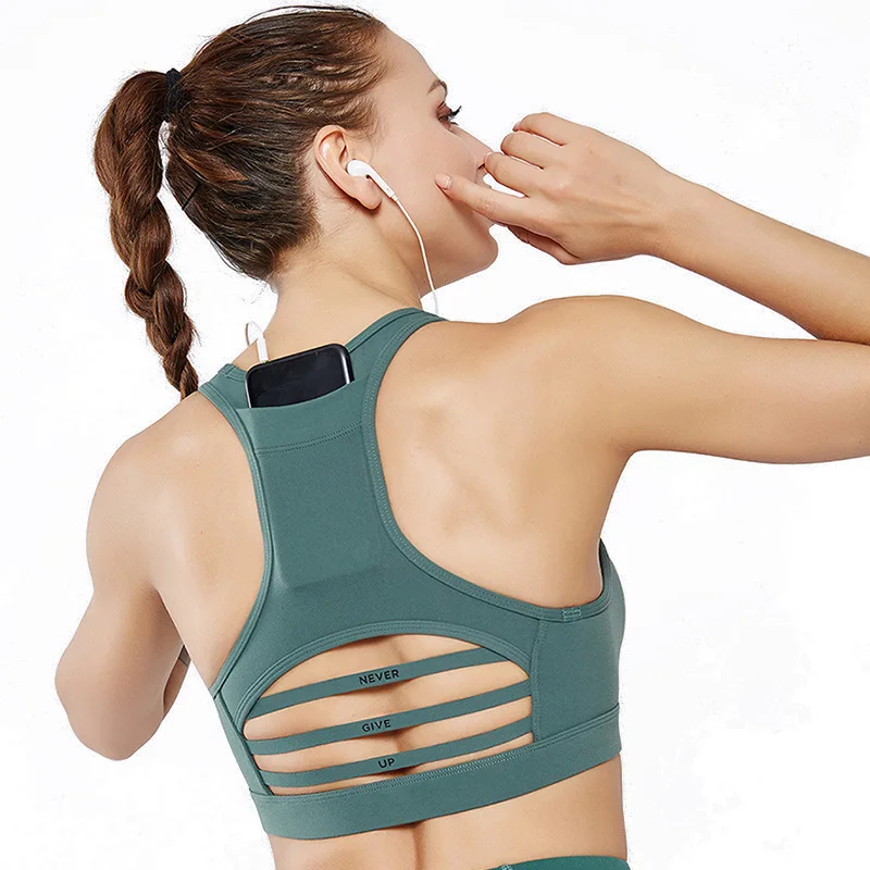 

Yoga Sports Bra Pocket Workout Sexy Clothes Bras for Women Gym Bralette Mesh Crop Top Phone Seamless Push Up Underwear Plus Size