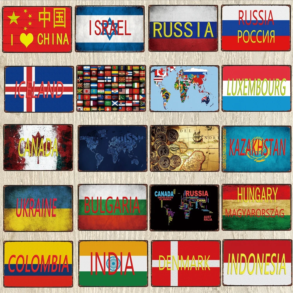 World Map National Flag Retro Poster Plaque Metal Vintage Tin Sign For Wall Restaurant Bar Art Home Decor Cuadros DU-5948A | Дом и сад