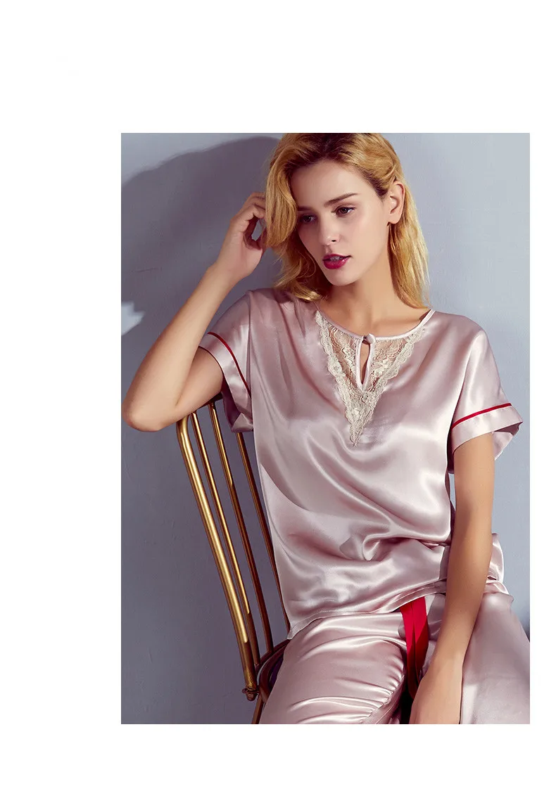 

Silk Pajamas set Women's Short-Sleeved Trousers Two-Piece Lace Silk Silk Leisure