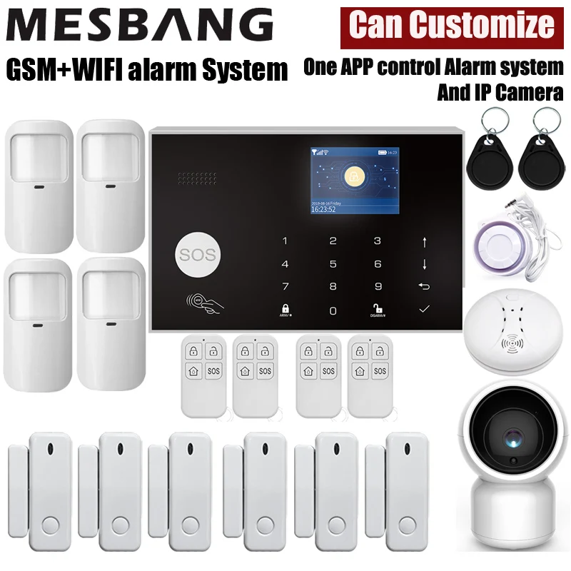 home wifi GSM alarm system wireless security alarm kits with pir sensors door detector and wifi IP camera tuya App control