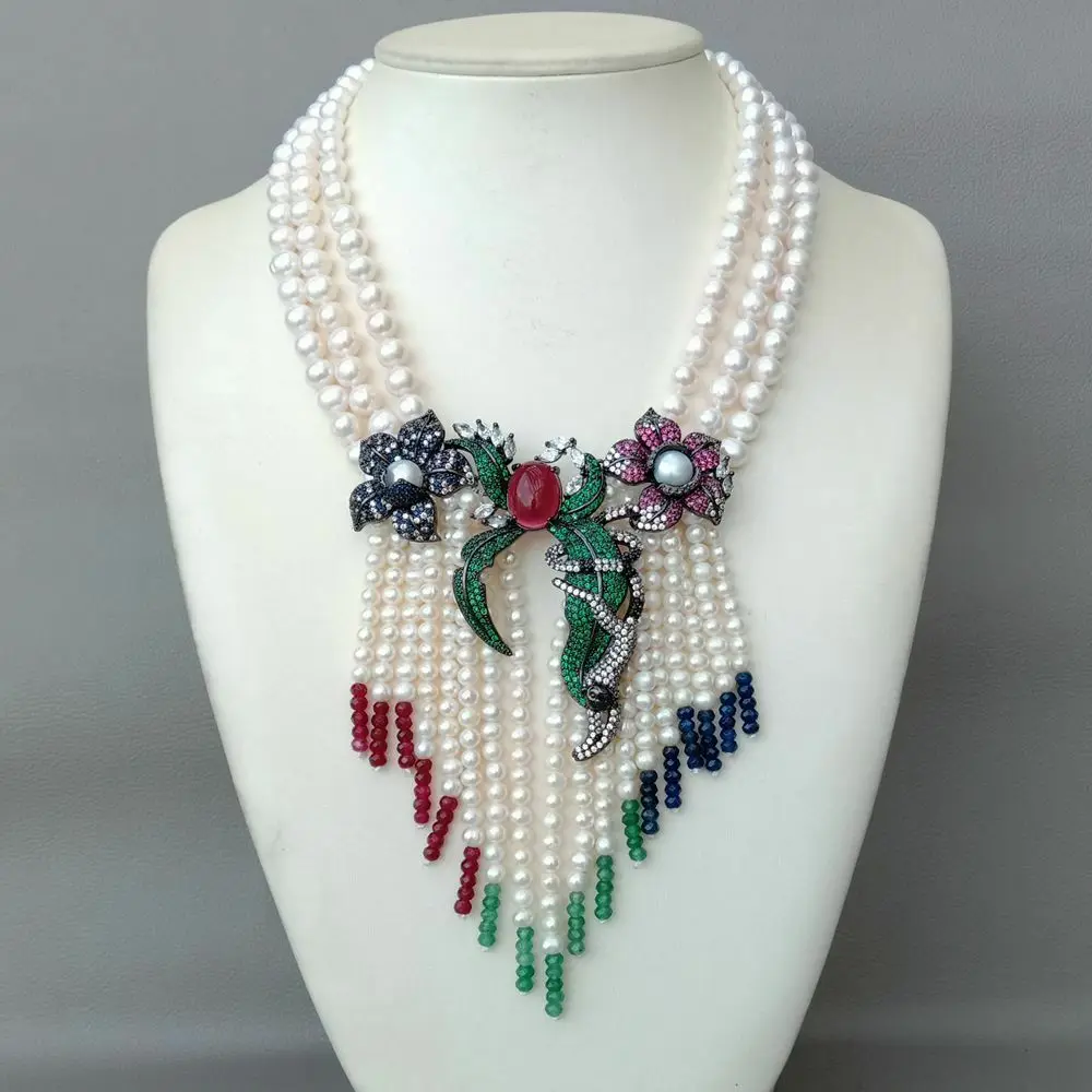 

18'' 3 Strands Cultured White Pearl Multi Color Gems Stone Necklace CZ Pendant