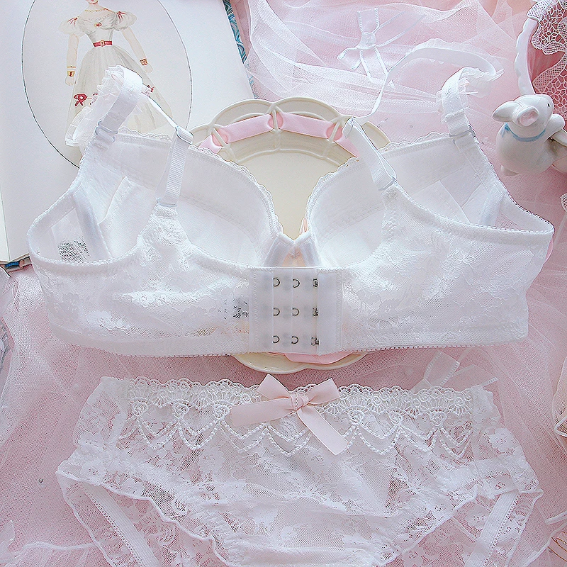 Sweet lace princess girl lingerie underpants heart cute lolita small chest gathered bra sexy bra steel ring lingerie with briefs