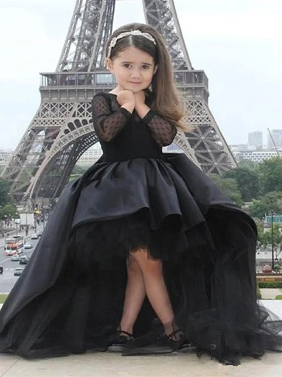 Kids Black Hi-Lo Long Sleeve Girl's Pageant Dresses Flower Girl Dresses with Bow for Wedding Party Birthday Princess Gown - Цвет: as image