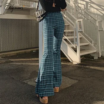 

OllyMurs New Fashion Style Women Flare Pants Blue Plaid Side Zipper Female Pants Ladies Casual Mid Waist Pants Women Clothes