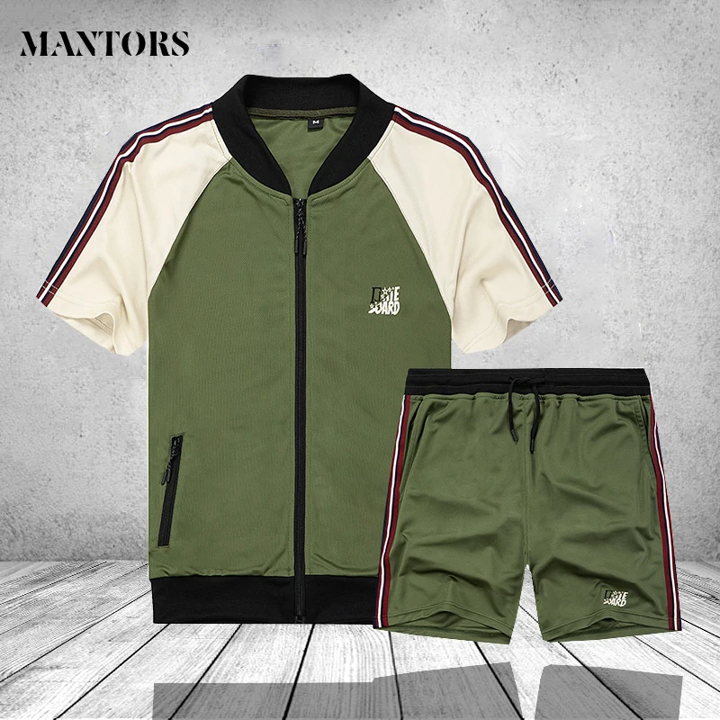 Casual Sportswear Sweatsuit T-Shirt Men-Sets Mens Black Fashion Brand Short Armygreen