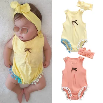 

0-24M Infant Baby Girl Romper Sleeveless Solid Color Tassel Small Ball Decoration Bow Headband Set Baby Girls Summer Jumpsuits