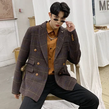 

2019 Men's Fashion Lattice Printing Blazers Male Single Western Clothes Outerwear Suit Jackets Loose Brown Color Coats M-2XL