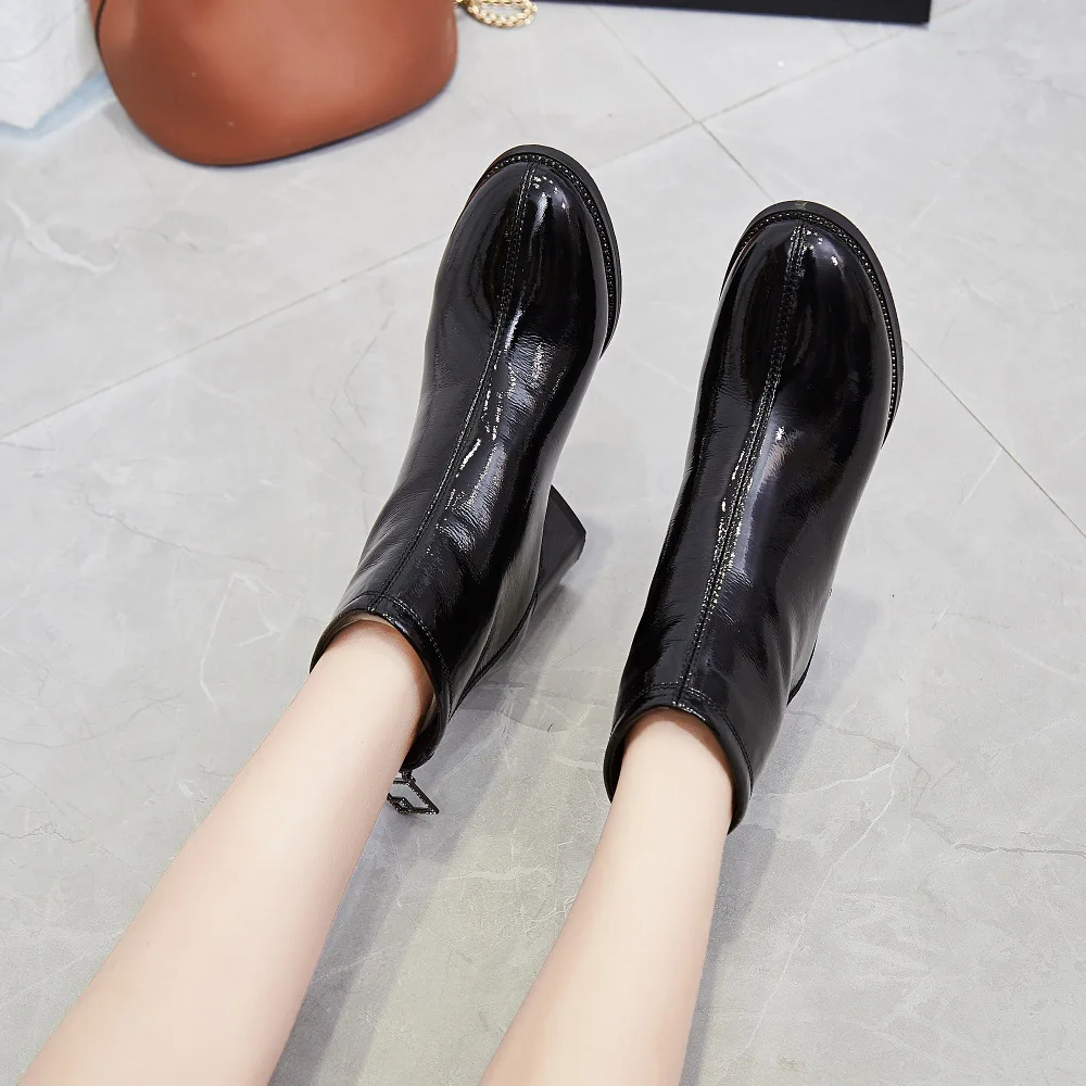 

Full-grain Leather Short Boots Women's 2019 Autumn & Winter New Style Europe And America Genuine Leather Semi-high Heeled Chunky