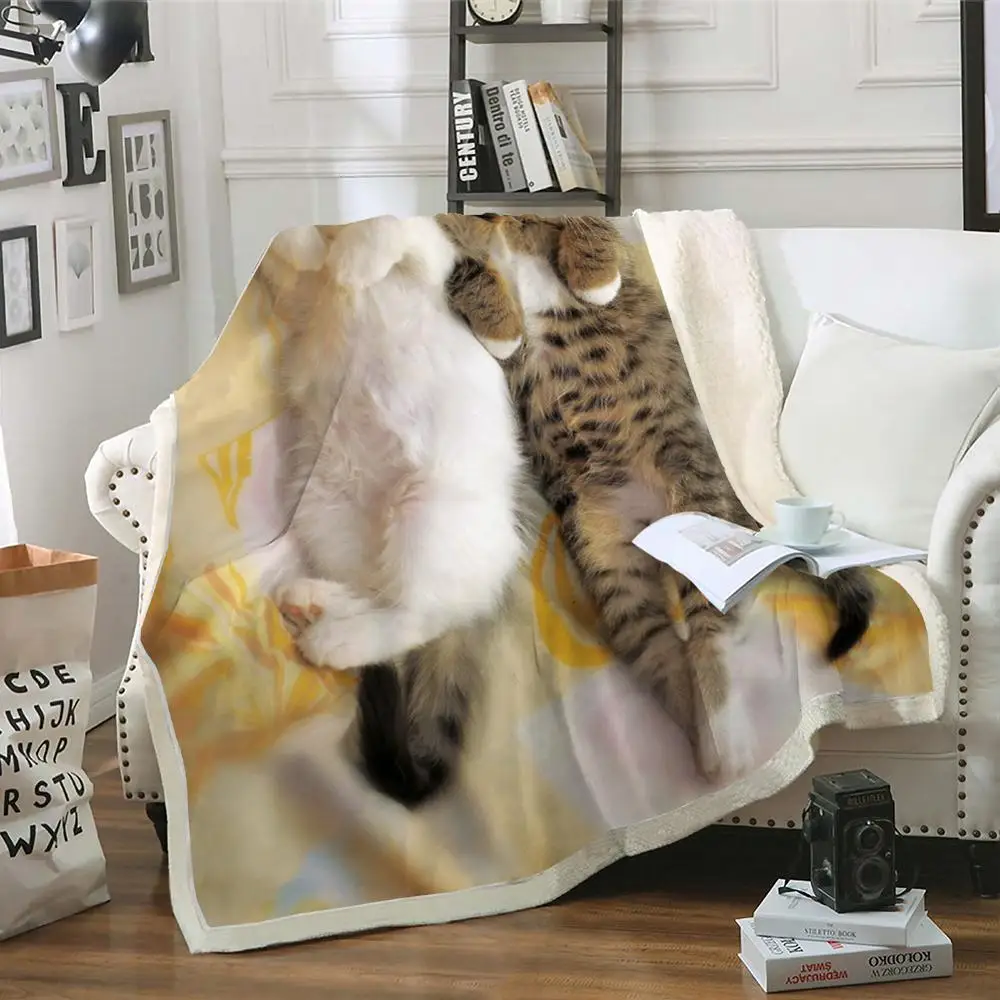 Флисовое одеяло для детей тонкое покрывало с 3D рисунками кошек и животных желтое
