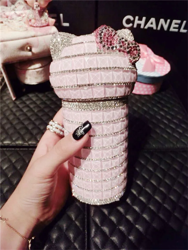 Милый Кот инкрустированный бриллиантами Термокружка для воды - Цвет: 300ml pink