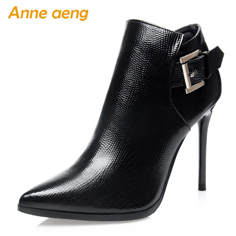 

2019 New Winter Women Ankle Boots High Thin Heel Pointed Toe Solid Zipper Buckle Sexy Ladies Women Shoes Black Warm Short Boots