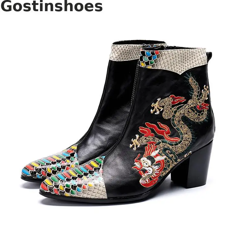 Fashion Men Leather Boots Cowhide Increased Short Black And Wine Red Dragon Embroidered Snakeprinted Metal Captoe Boot | Обувь