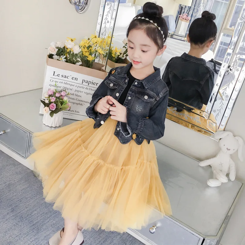 

Autumn Dress for Girls 5-12 Years Jeans Jacket Dresses Yarn Gauzy Skirts Little Girls Princess Suits Fashion Two-pieces Sets