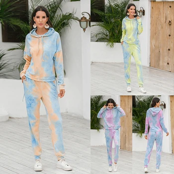 

Tie-dye Pajamas Comfortable Breathable Long-sleeve Hooded Tracksuit Suit 2020 Most New Home Service Autumn Winter Female Ladies