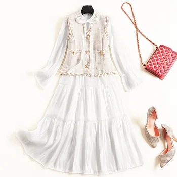 

New Office Lady Suits 2 Piece Set Runway Women Vintage Bow Collar Long Sleeve White Dress + Tweed Vest Two Piece Set