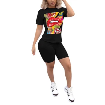 

Two Piece Set Women tracksuit Summer Short Sleeve Top and Shorts set Lip Mouth Print Streetwear Fitness Workout 2 Piece Set