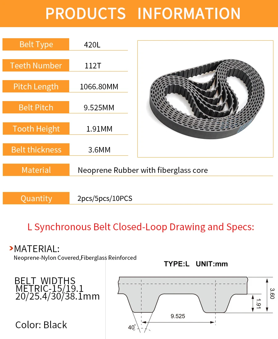 Correia dentada trapezoid l, correia síncrona de