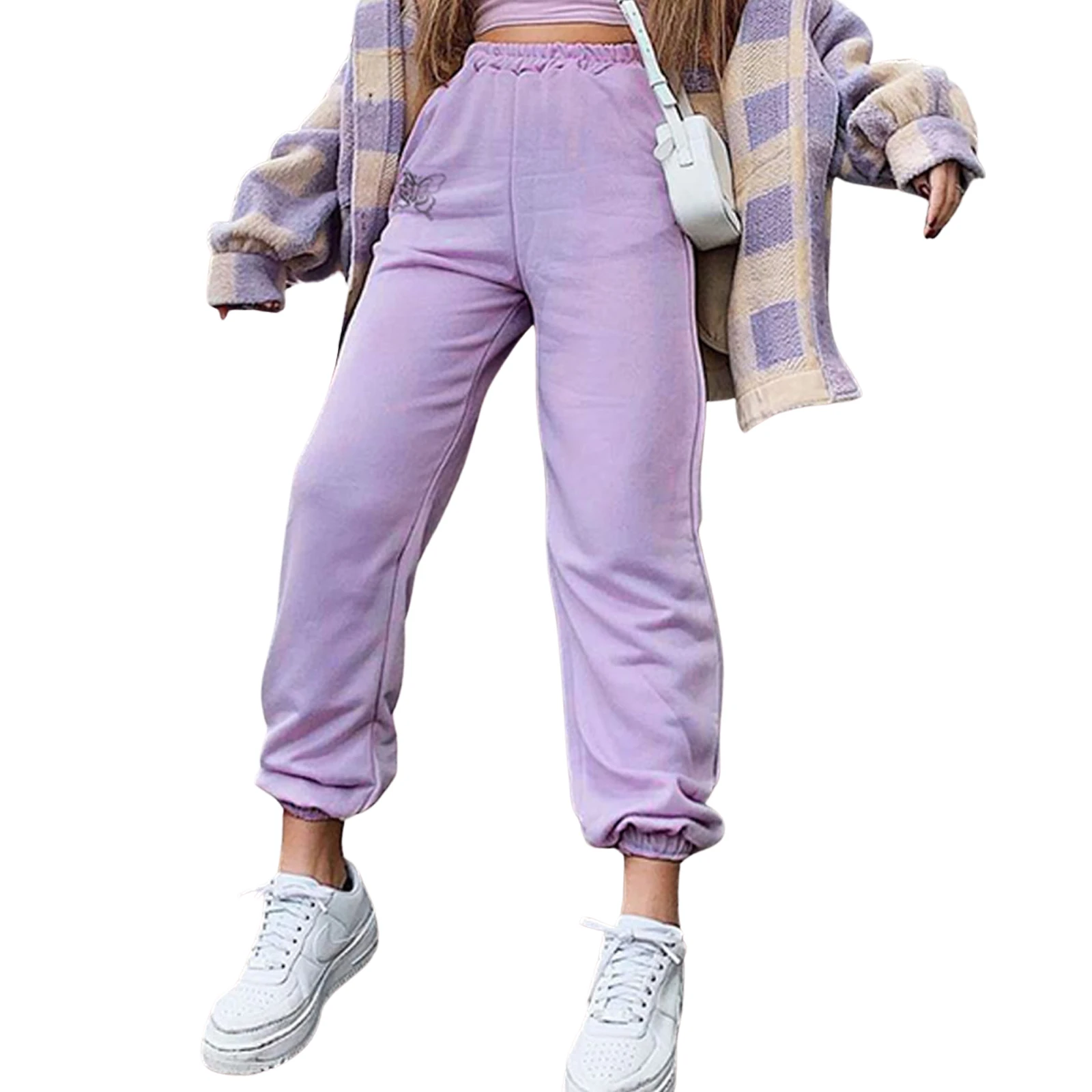 

Women Butterfly Embroidered Trousers Summer Adults Casual Style High Waist Ankle-tied Pants with Pocket