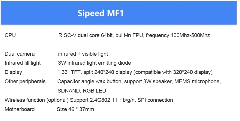 Sipeed MF1 AI+ IoT автономный модуль распознавания лиц в реальном времени с 1,3 дюймовым tft-дисплеем