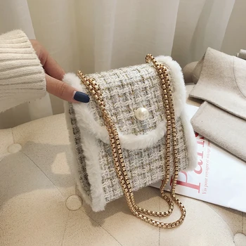 

Elegant Female Square Crossbody Bag 2019 Winter New Quality Woolen Women's Designer Handbag pearl Chain Shoulder Messenger bags