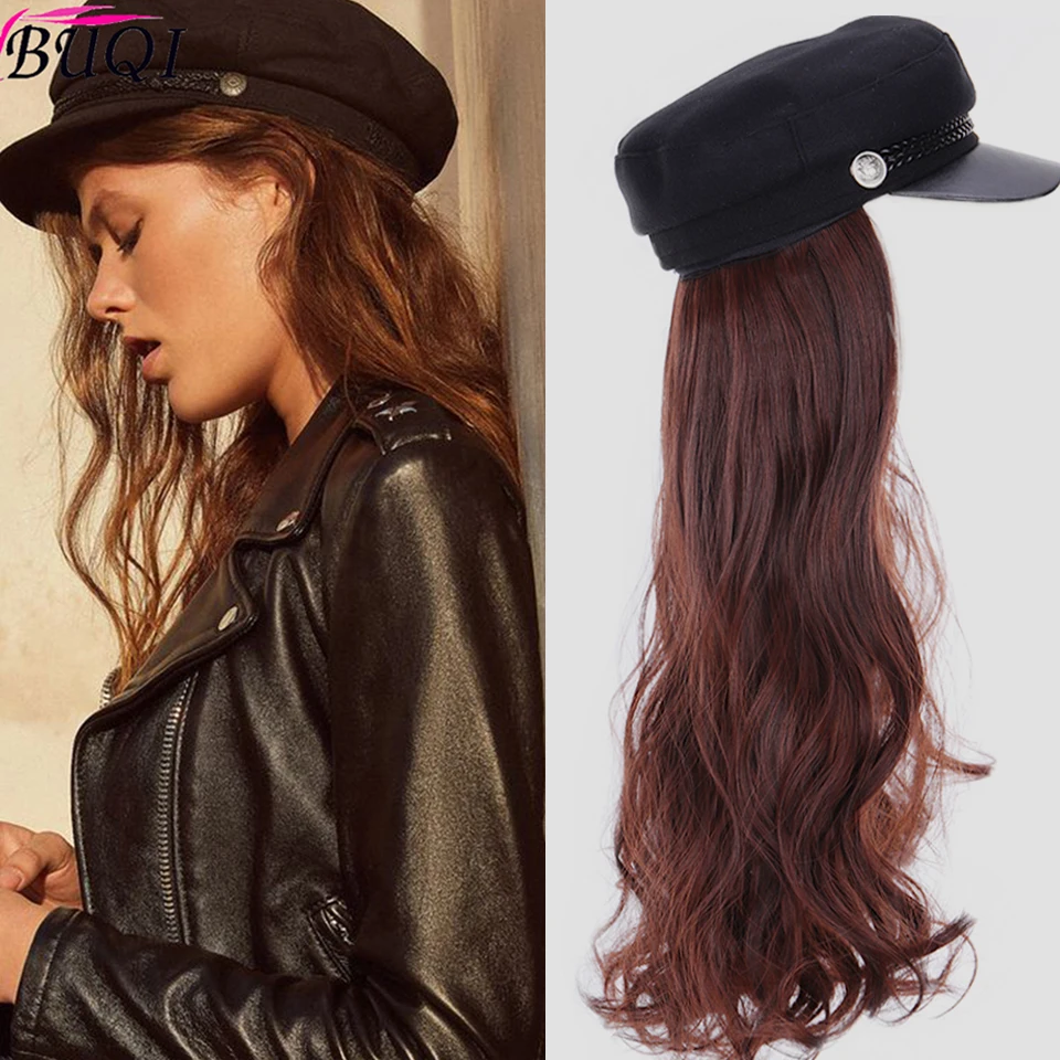 

BUQI Fashion hot selling long curly hair straight hair wig Navy hat wig lady heat-resistant synthetic natural wig