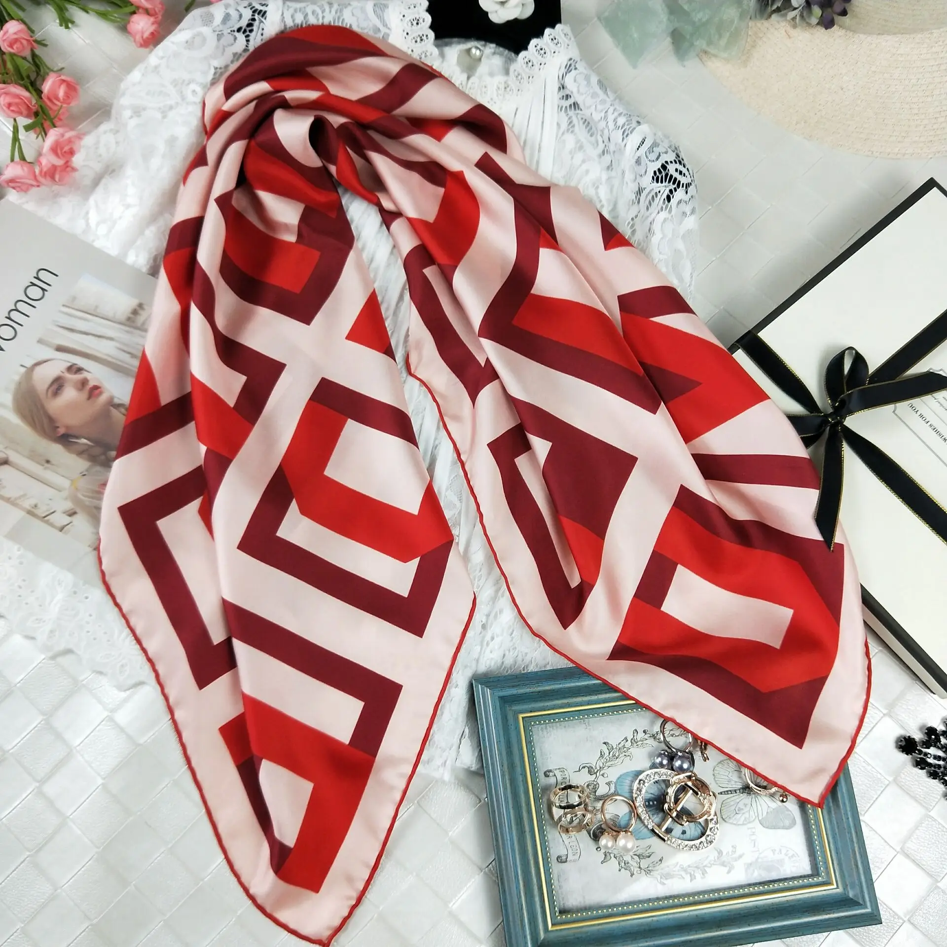 Настоящий Шелковый саржевый шарф, модный женский платок, шарфы, шаль, накидка, хиджаб, роскошные геометрические узоры, 90*90 см