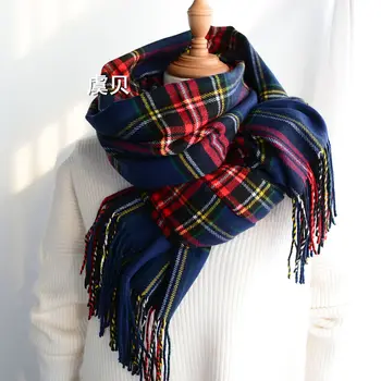 

Faux cashmere shawl high quality classic dark blue plaid long scarf cape soft chic fashion casual warm pashmina for women lady