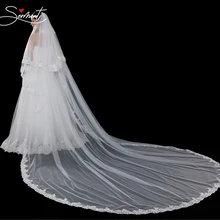Свадебная вуаль с бусинами для собора, трехслойная, 400 см, кружевная, с блестками, с длинным хвостом, фата для невесты, белая, свадебные аксессуары