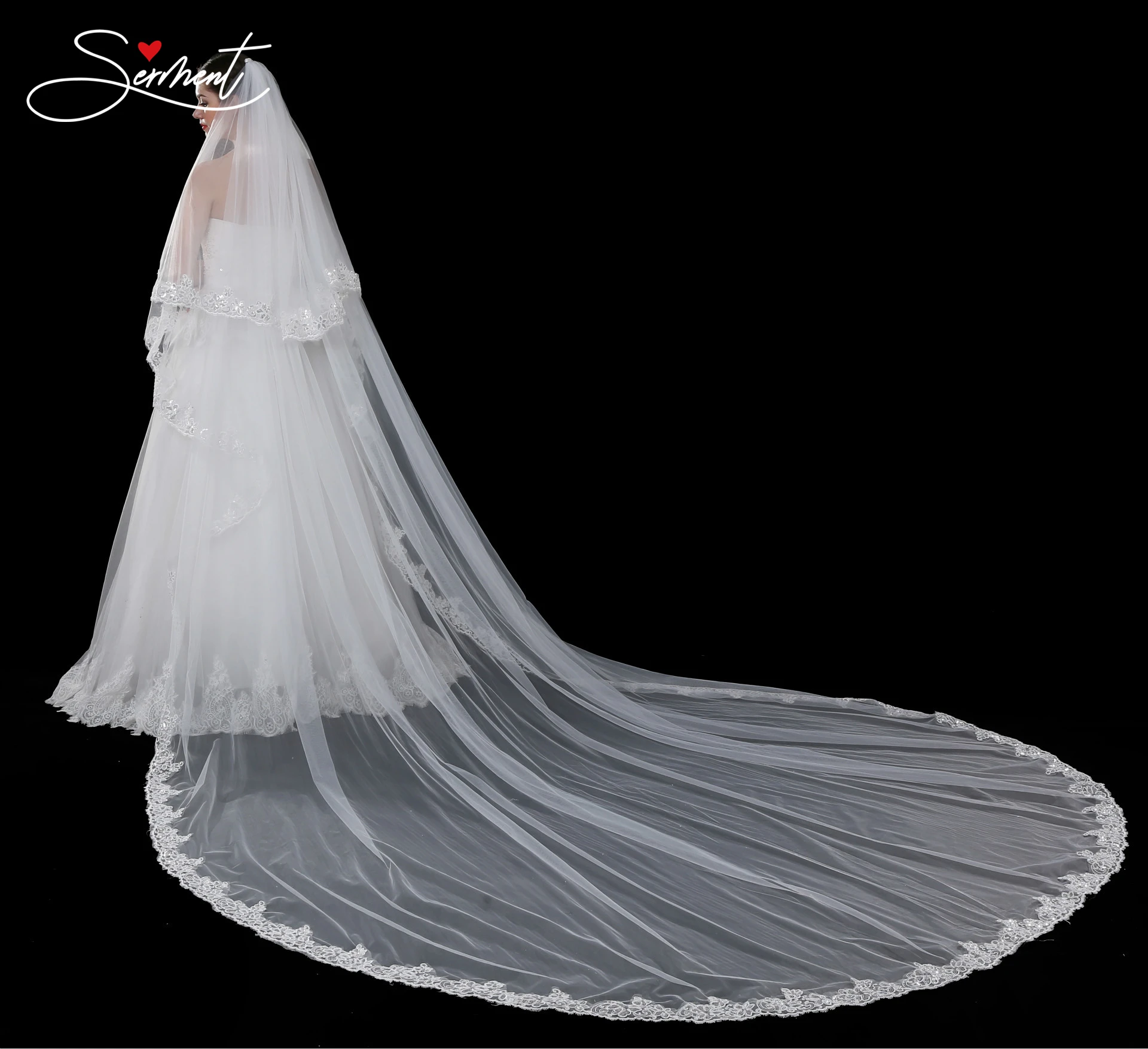 SERMENT Cathedral Wedding Veil Bead Edge Three-Layer Apliqued 400cm Lace Sequins Long Tailed Bride Veil White Wedding Accessorie