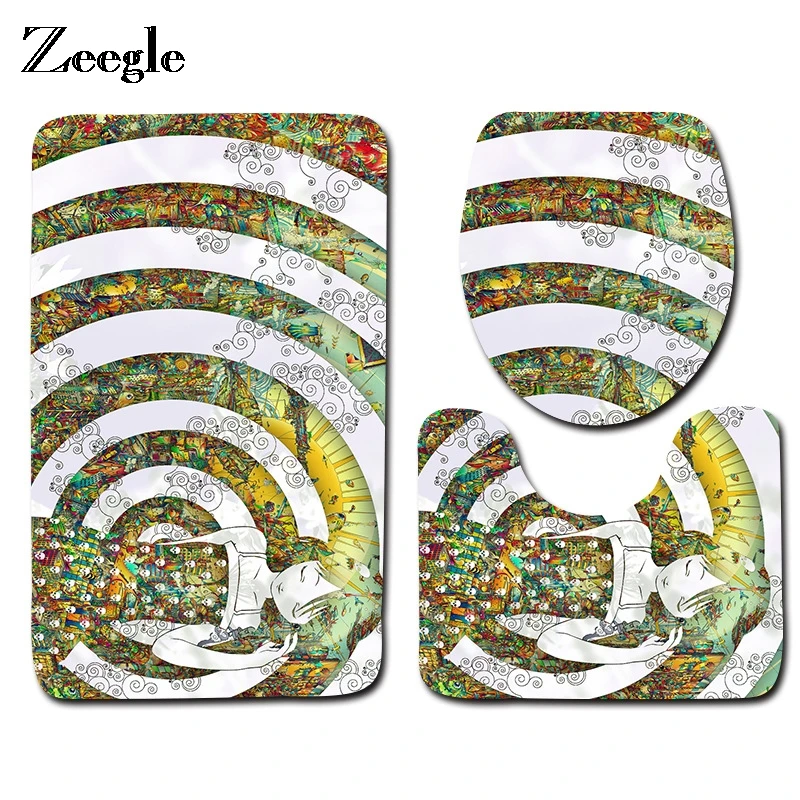 Zeegle Geometric Print Toilet Rug Anti-slip Bath Mat Mandala Boho Print Bathroom Mat 3pcs/set Area Rugs