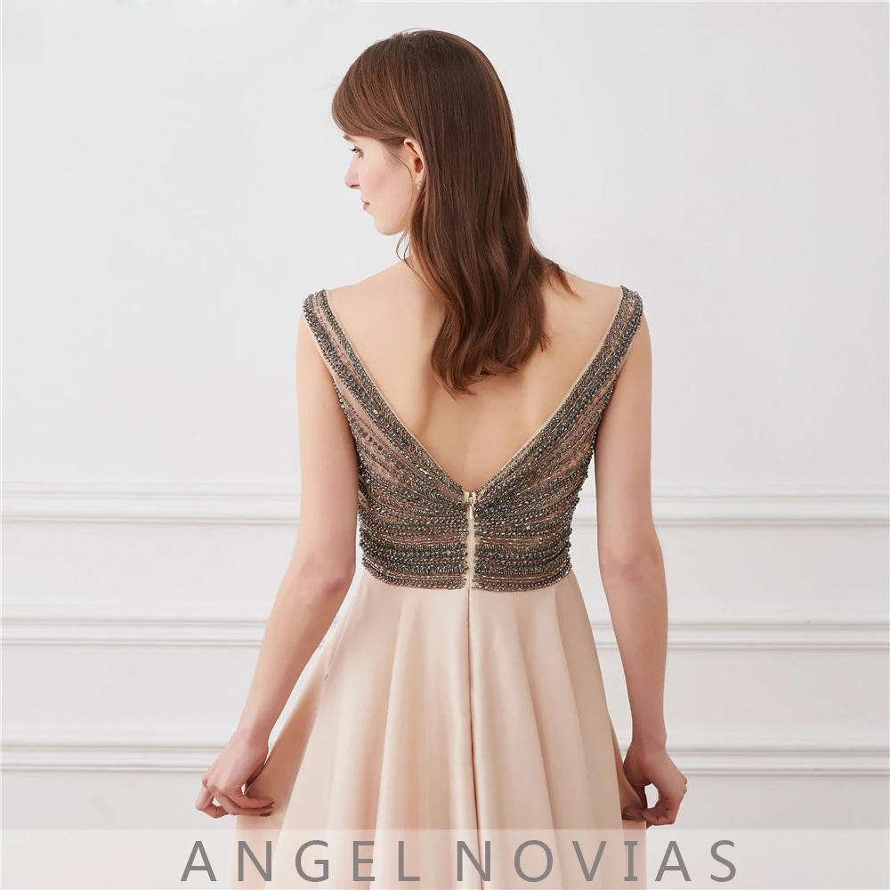 Женское длинное вечернее платье ANGEL NOVIAS блестящее цвета шампанского с открытой