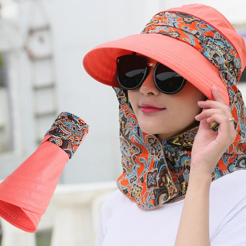 Lady Women Summer Outdoor Hat Cap Riding Anti-UV Sun Beach Foldable Sunscreen Floral Print Caps Neck Face Wide Brim | Безопасность и
